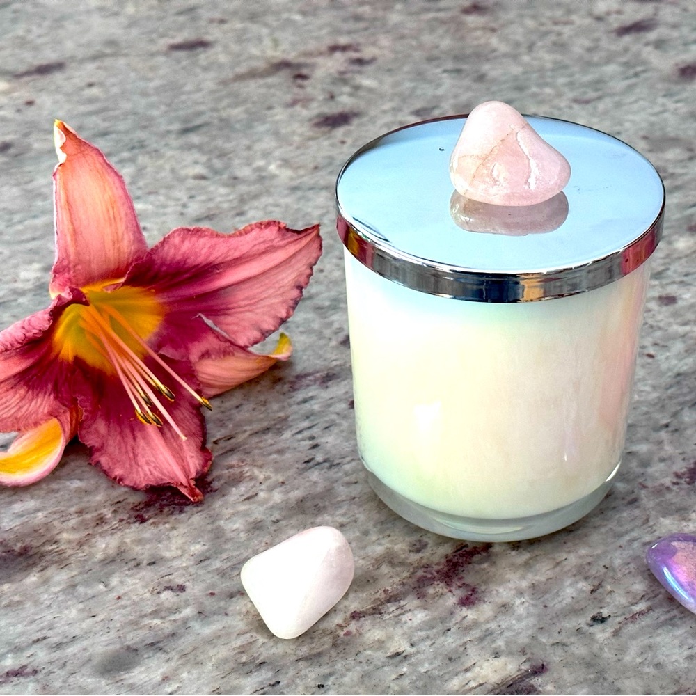Iridescent glass hand poured candle with silver lid soy wax